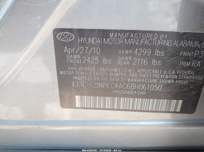 2011 Hyundai Sonata Se VIN: 5NPEC4AC6BH061050 Lot: 43391551