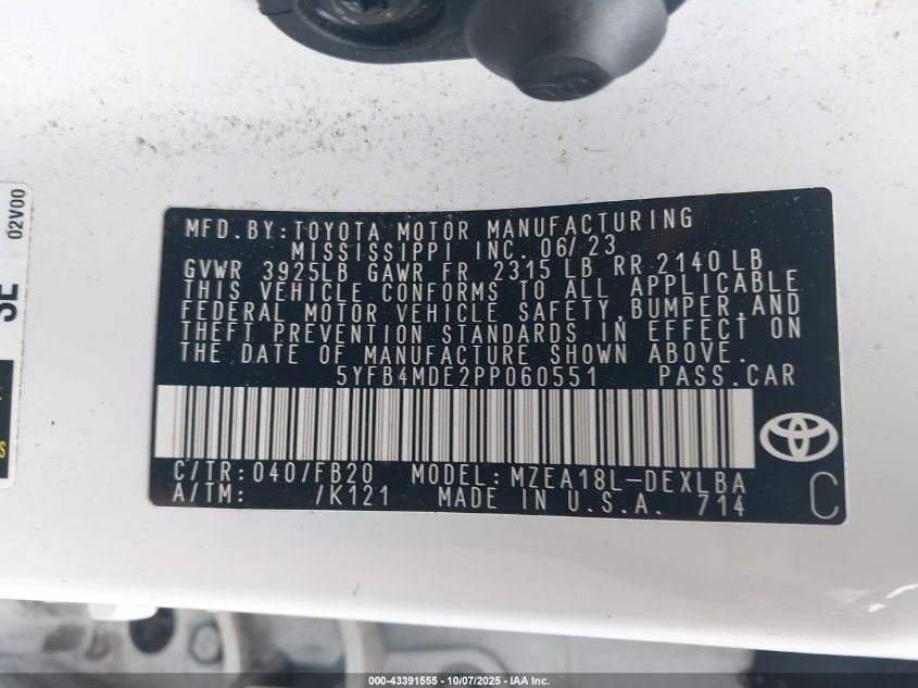 2023 Toyota Corolla Le VIN: 5YFB4MDE2PP060551 Lot: 43391555