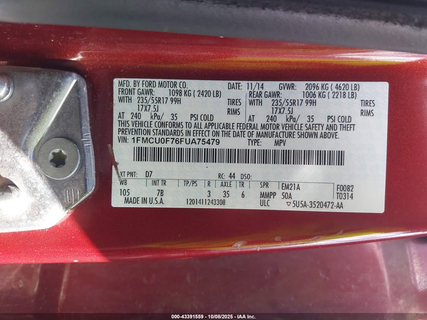 2015 FORD ESCAPE S 1FMCU0F76FUA75479