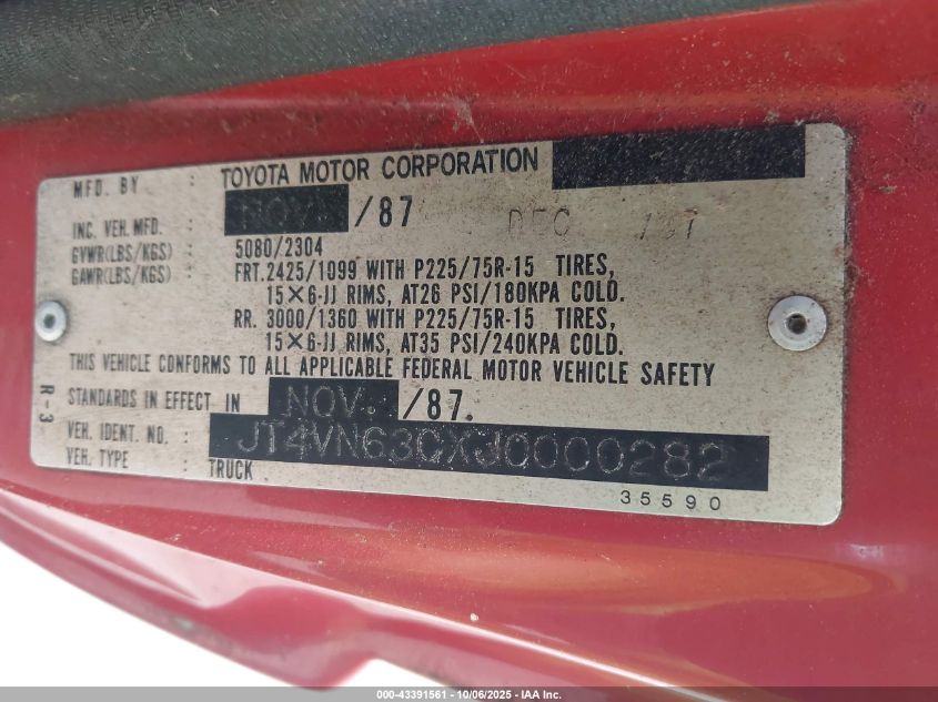 1988 Toyota Pickup Short Bed Vn63 VIN: JT4VN63CXJ0000282 Lot: 43391561