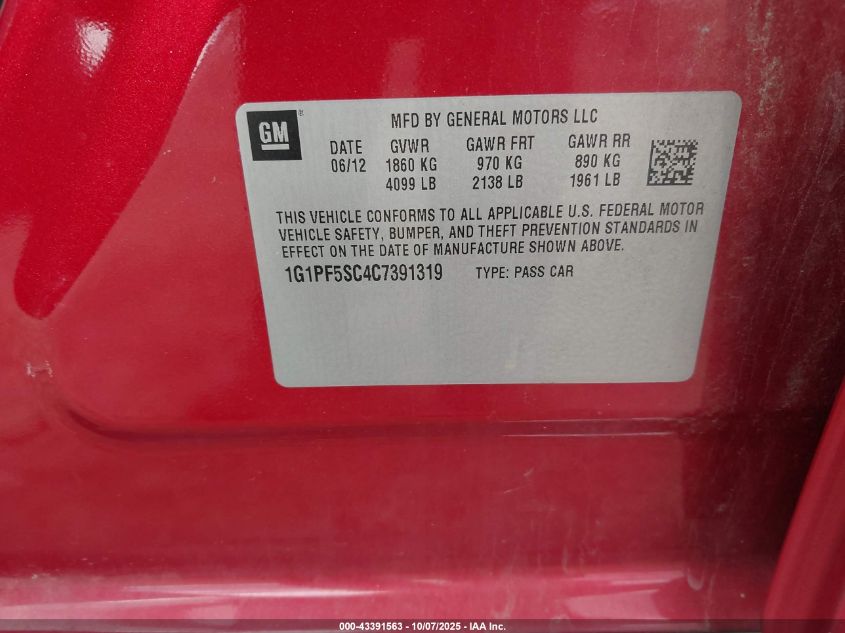 2012 Chevrolet Cruze 1Lt VIN: 1G1PF5SC4C7391319 Lot: 43391563