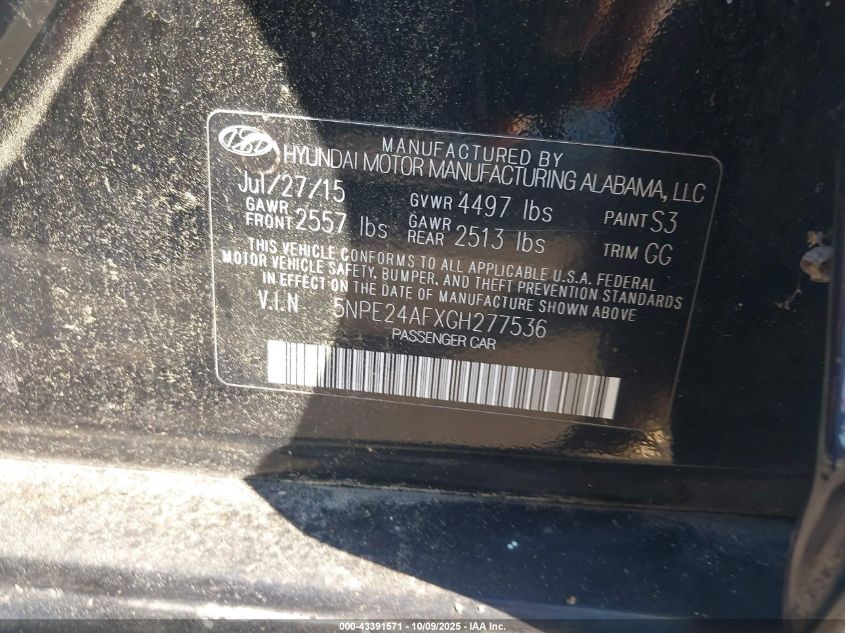 2016 Hyundai Sonata Se VIN: 5NPE24AFXGH277536 Lot: 43391571