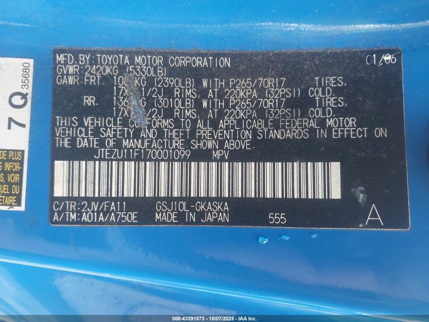 2007 Toyota Fj Cruiser VIN: JTEZU11F170001099 Lot: 43391573