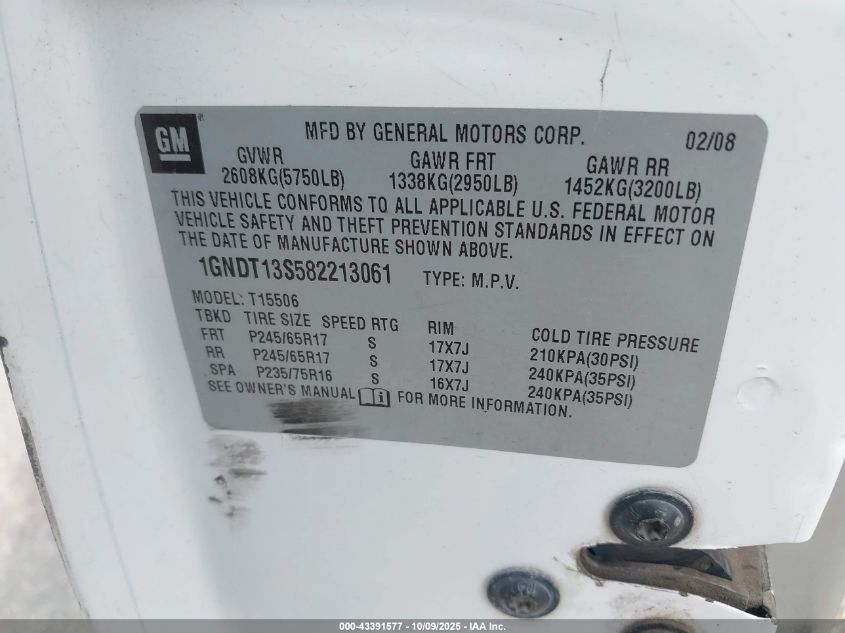 2008 Chevrolet Trailblazer Fleet VIN: 1GNDT13S582213061 Lot: 43391577