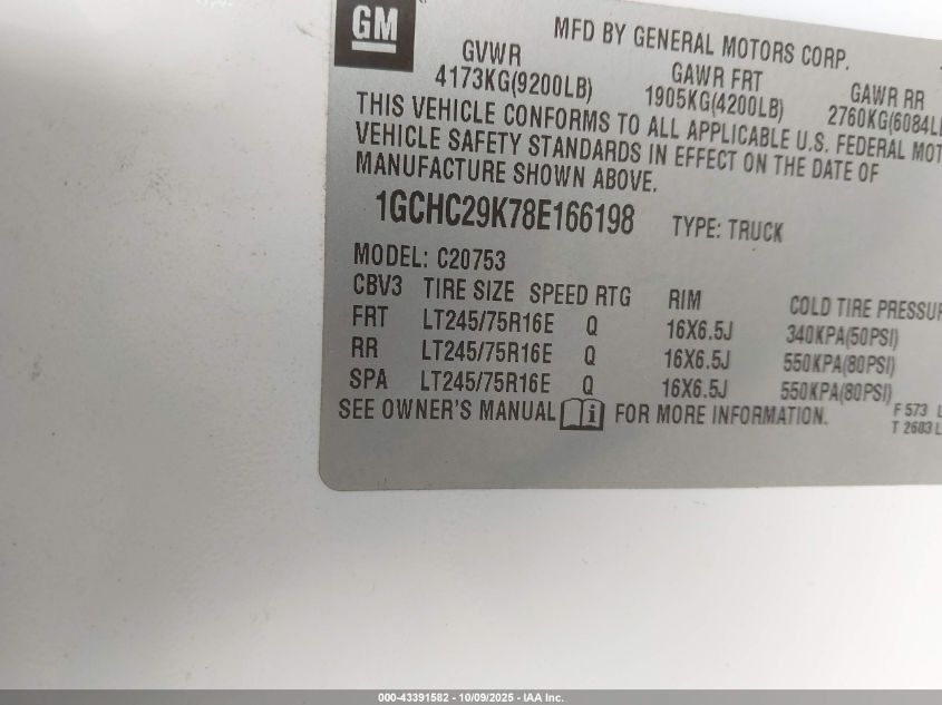 2008 Chevrolet Silverado 2500Hd Work Truck VIN: 1GCHC29K78E166198 Lot: 43391582