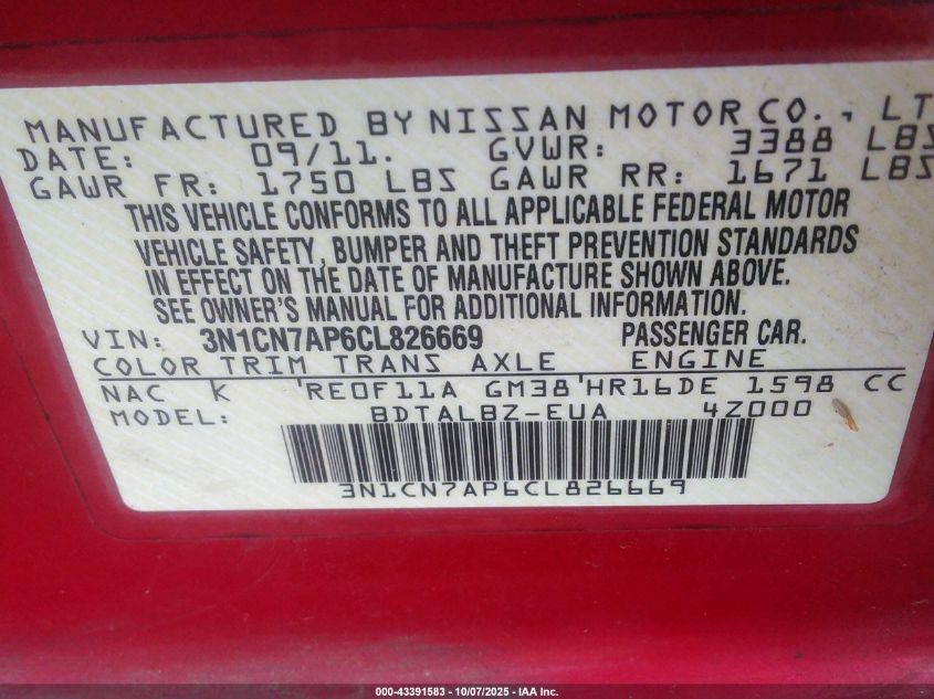 2012 Nissan Versa 1.6 Sv VIN: 3N1CN7AP6CL826669 Lot: 43391583