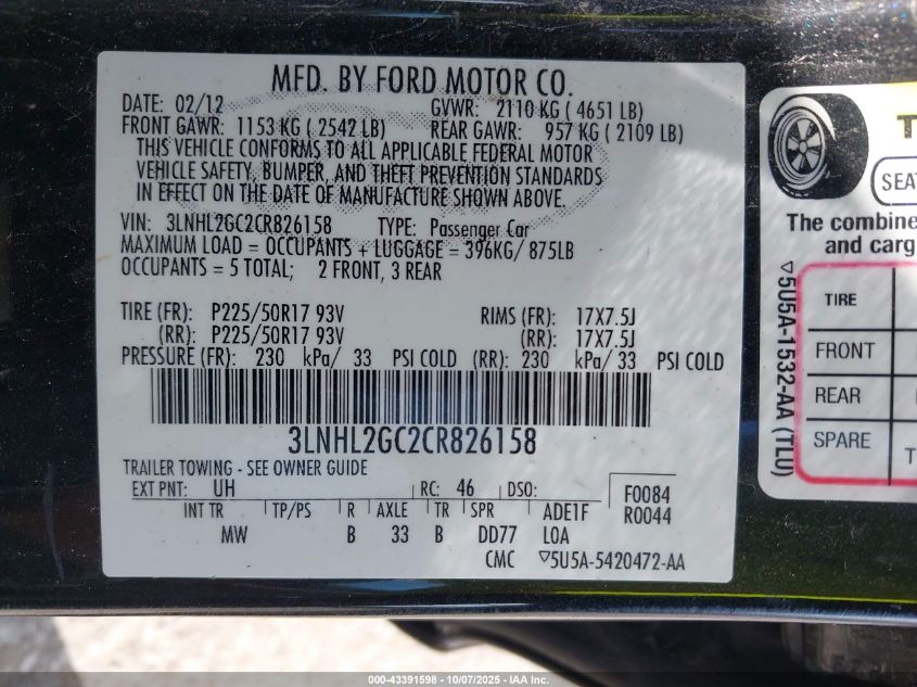 2012 Lincoln Mkz VIN: 3LNHL2GC2CR826158 Lot: 43391598