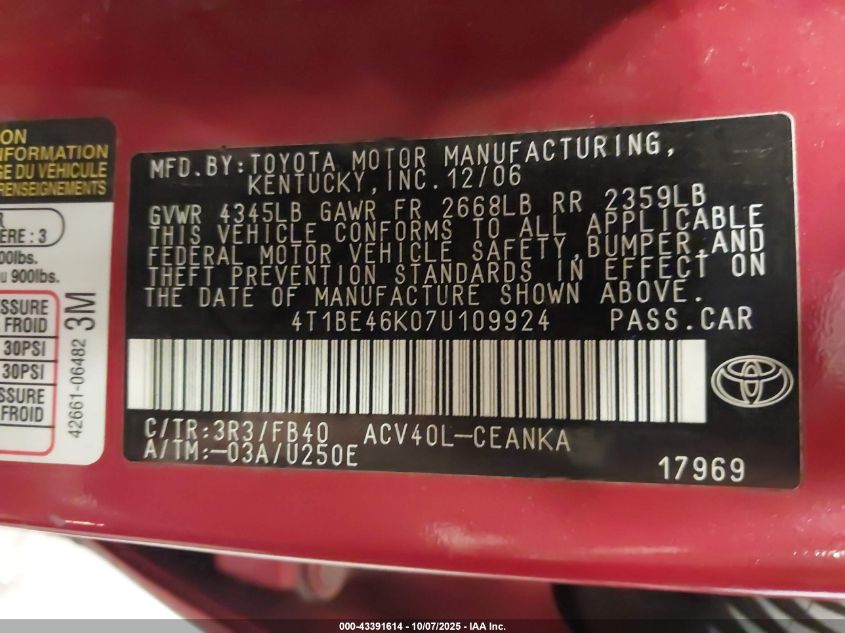 2007 Toyota Camry Le VIN: 4T1BE46K07U109924 Lot: 43391614