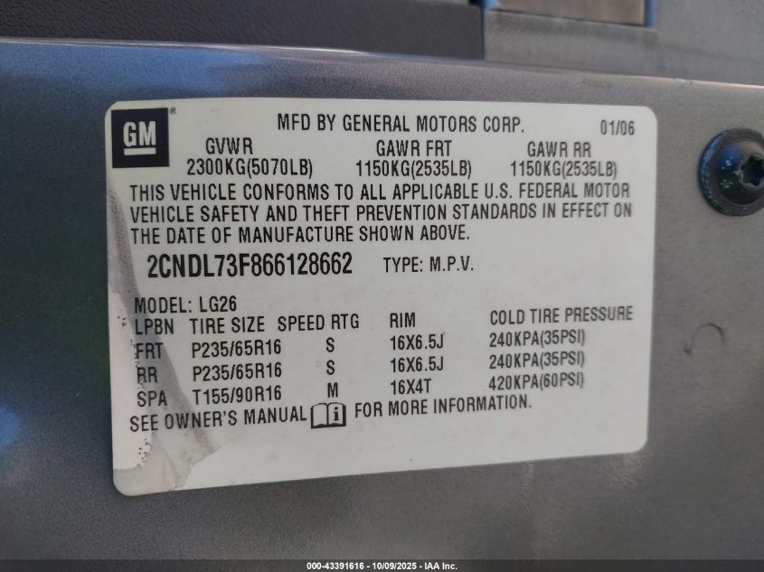 2006 Chevrolet Equinox Lt VIN: 2CNDL73F866128662 Lot: 43391616