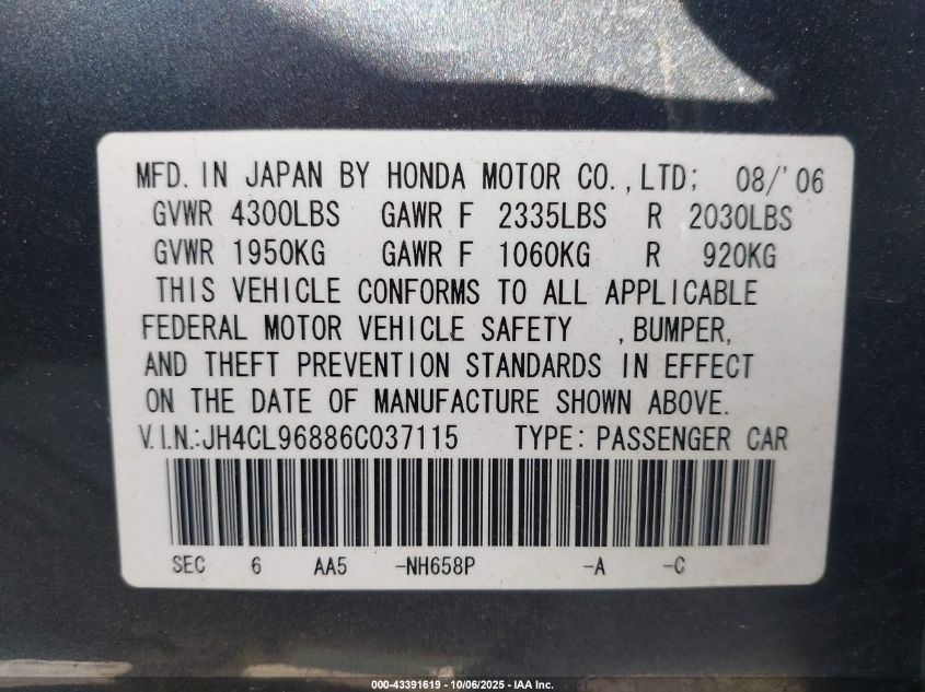 2006 Acura Tsx VIN: JH4CL96886C037115 Lot: 43391619