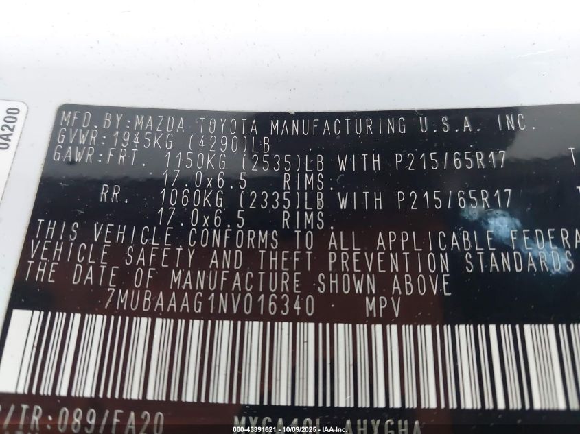 2022 Toyota Corolla Cross Le VIN: 7MUBAAAG1NV016340 Lot: 43391621