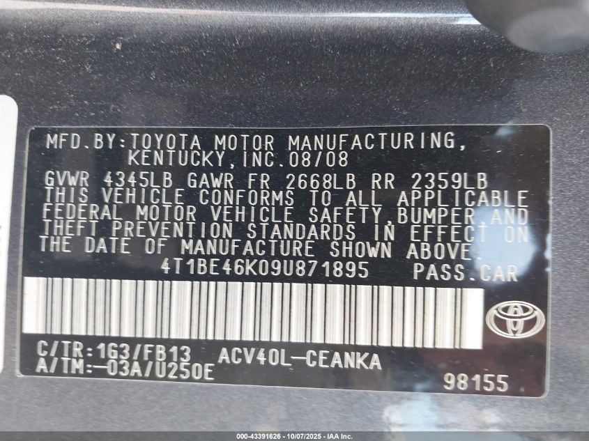 2009 Toyota Camry Le VIN: 4T1BE46K09U871895 Lot: 43391626