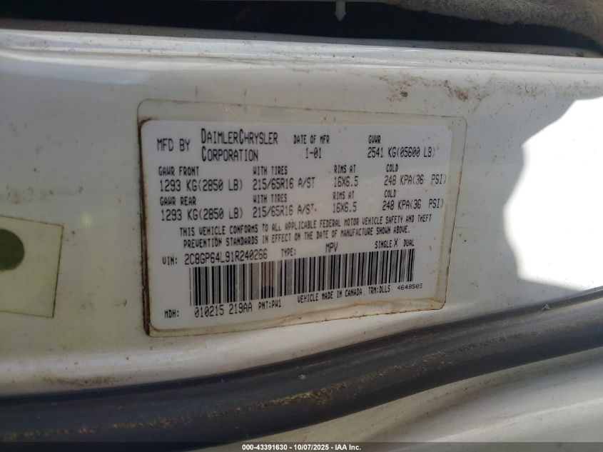 2001 Chrysler Town & Country Limited VIN: 2C8GP64L91R240266 Lot: 43391630