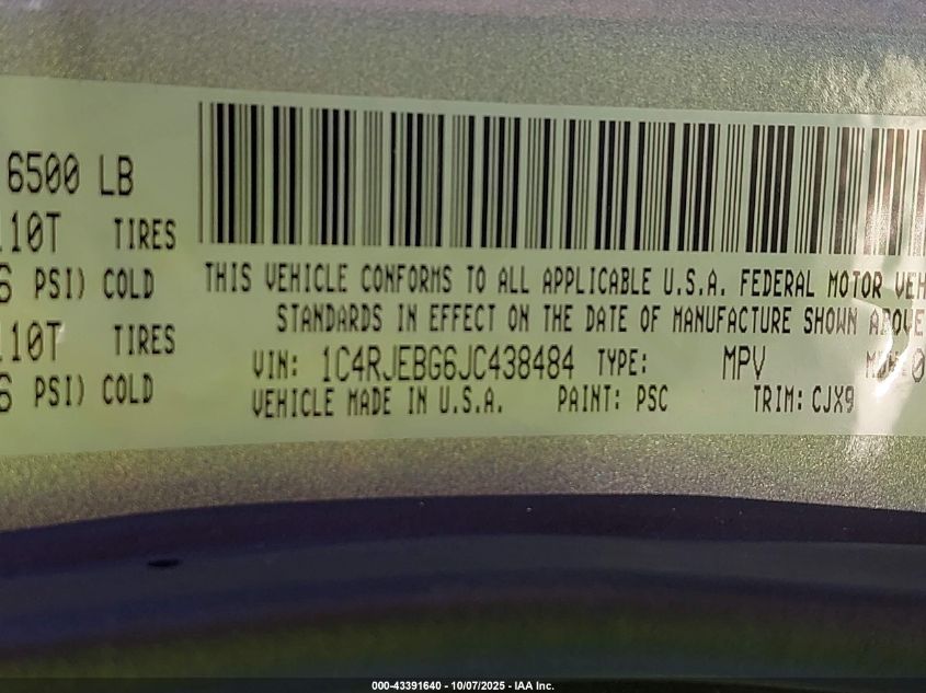 2018 Jeep Grand Cherokee Limited 4X2 VIN: 1C4RJEBG6JC438484 Lot: 43391640