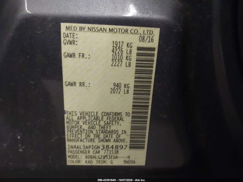 2016 Nissan Altima 2.5 S VIN: 1N4AL3AP1GN384897 Lot: 43391648