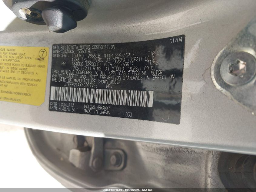 2004 Toyota Highlander Limited V6 VIN: JTEEP21AX40027955 Lot: 43391649