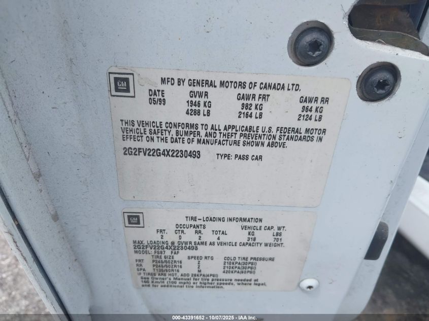 1999 Pontiac Firebird Trans Am VIN: 2G2FV22G4X2230493 Lot: 43391652