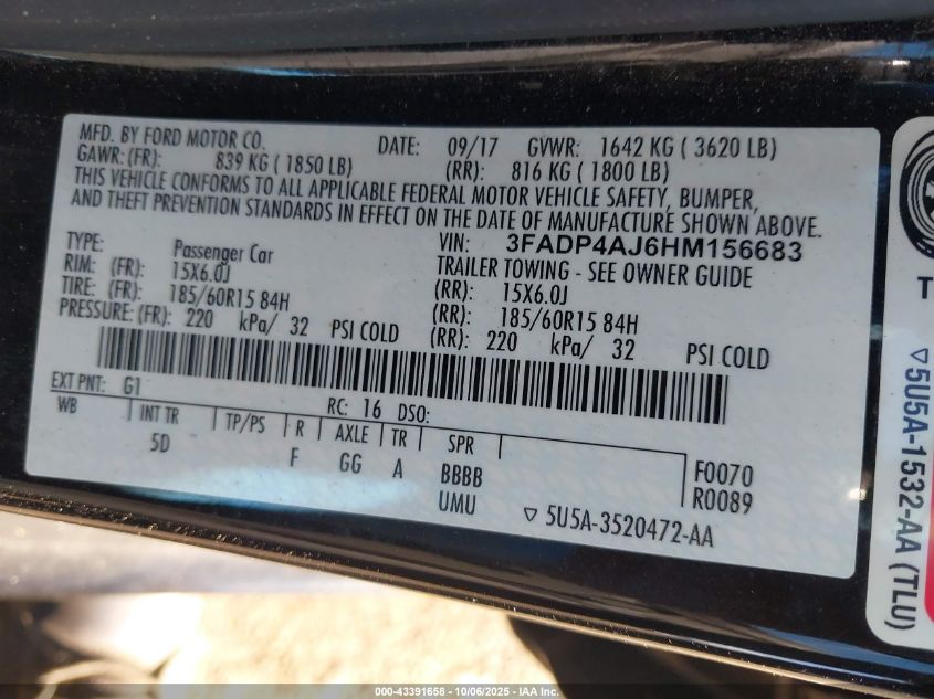 2017 Ford Fiesta S VIN: 3FADP4AJ6HM156683 Lot: 43391658