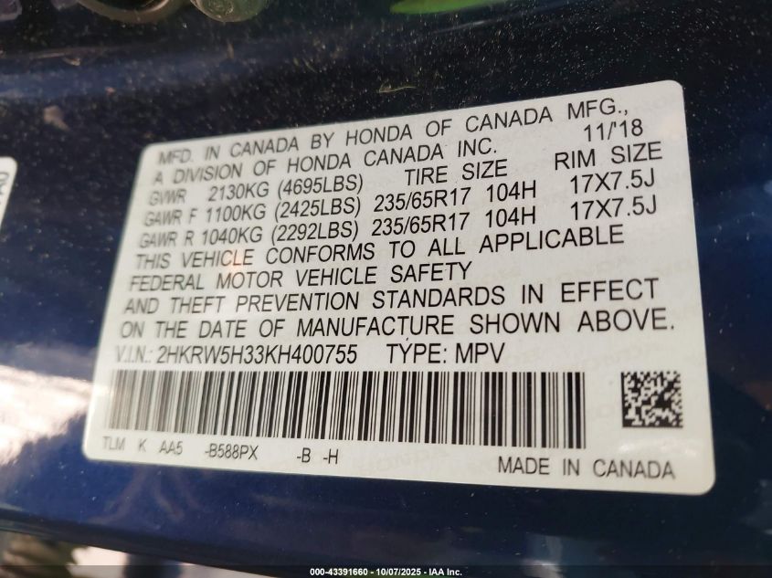 2019 Honda Cr-V Lx VIN: 2HKRW5H33KH400755 Lot: 43391660