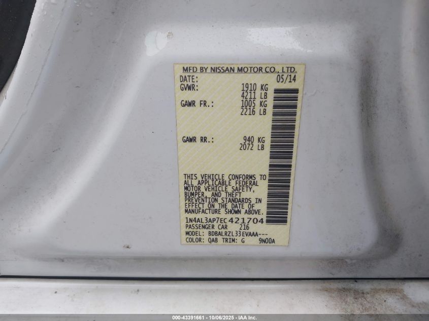 2014 Nissan Altima 2.5/2.5 S/2.5 Sl/2.5 Sv VIN: 1N4AL3AP7EC421704 Lot: 43391661