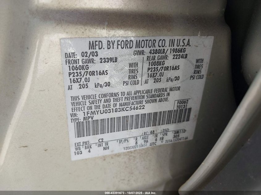 2003 Ford Escape Xlt VIN: 1FMYU03183KC54622 Lot: 43391673