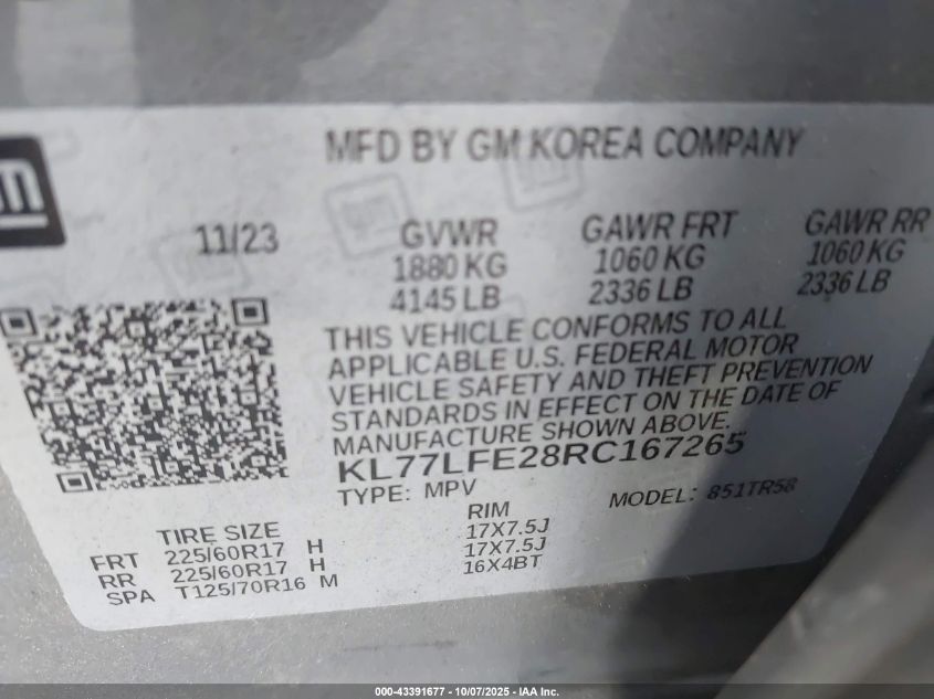 2024 Chevrolet Trax Fwd Sp VIN: KL77LFE28RC167265 Lot: 43391677