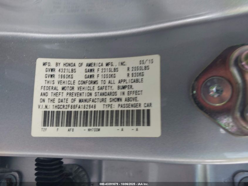 2015 Honda Accord Ex-L VIN: 1HGCR2F86FA182948 Lot: 43391679