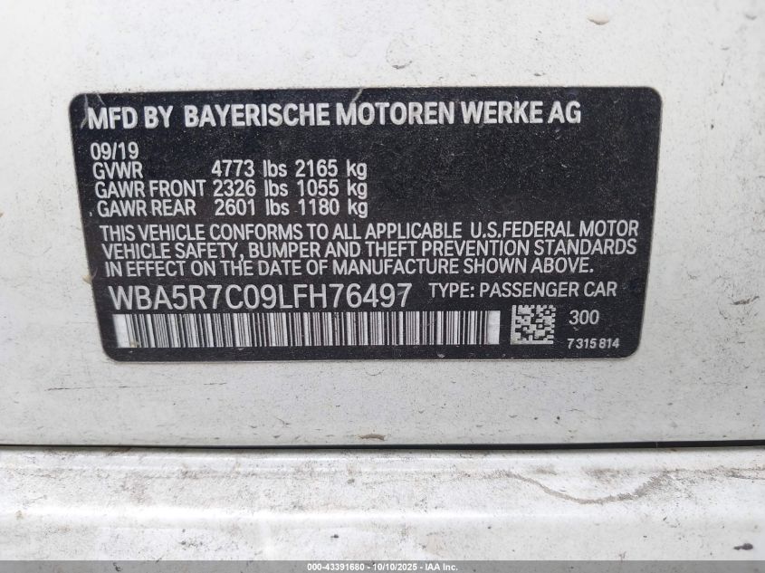 2020 BMW 330I xDrive VIN: WBA5R7C09LFH76497 Lot: 43391680