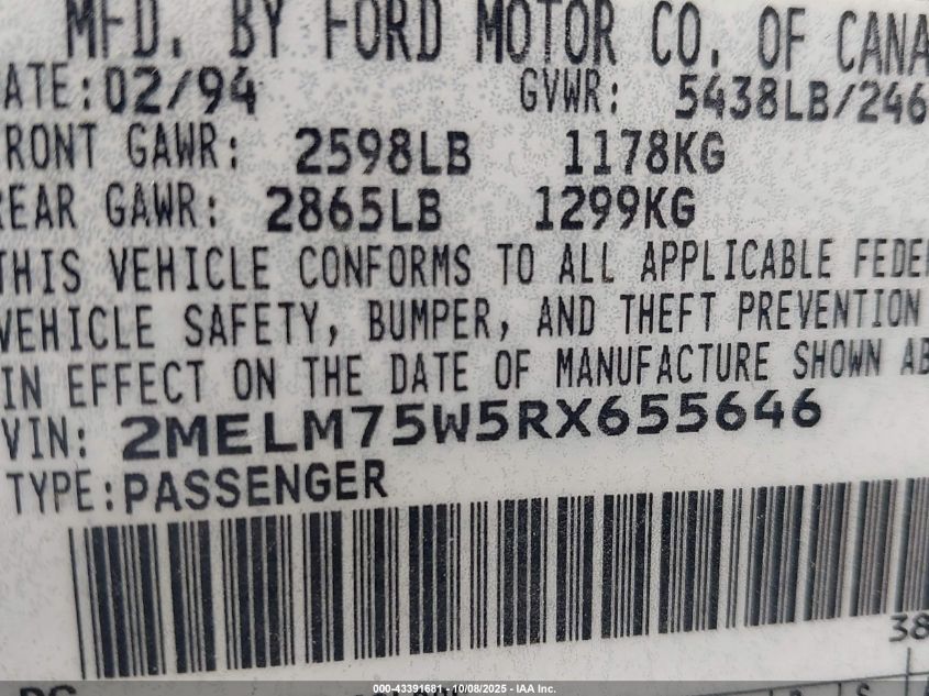 1994 Mercury Grand Marquis Ls VIN: 2MELM75W5RX655646 Lot: 43391681