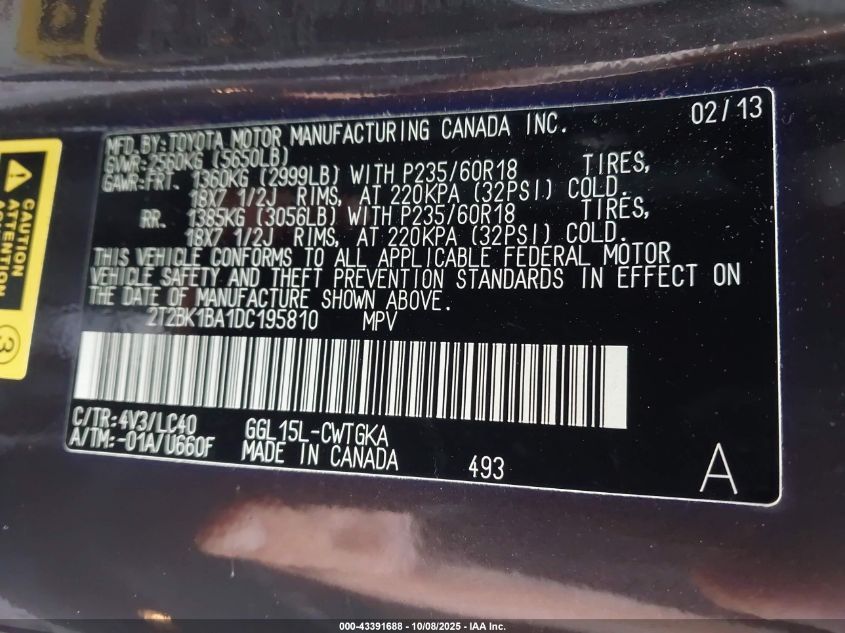 2013 Lexus Rx 350 VIN: 2T2BK1BA1DC195810 Lot: 43391688