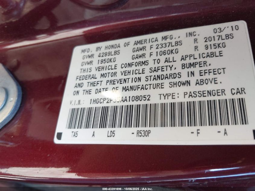 2010 Honda Accord 2.4 Lx VIN: 1HGCP2F35AA108052 Lot: 43391696