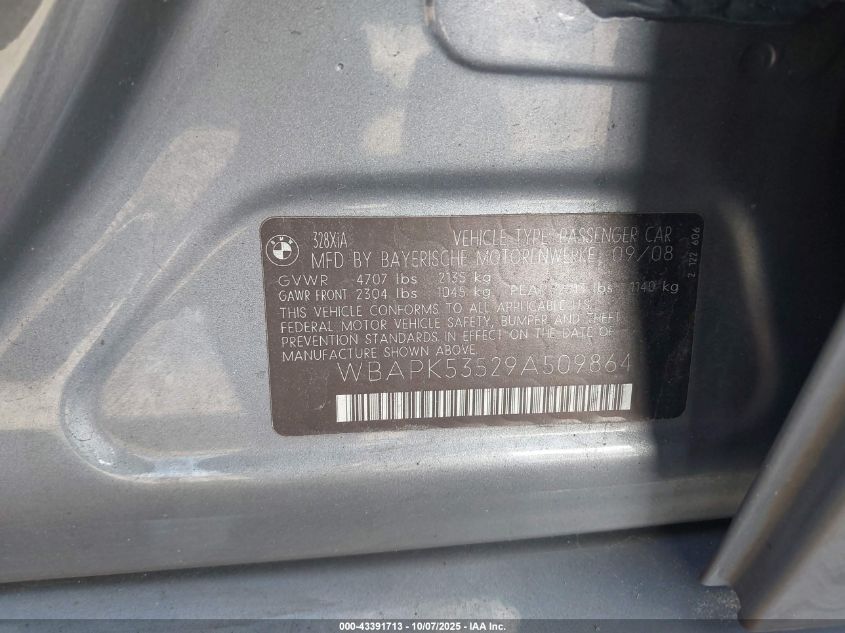 2009 BMW 328I xDrive VIN: WBAPK53529A509864 Lot: 43391713