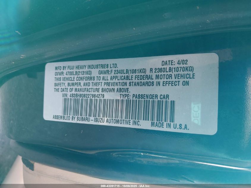 2002 Subaru Outback H6-3.0 L.l. Bean Edition VIN: 4S3BH806227664279 Lot: 43391715