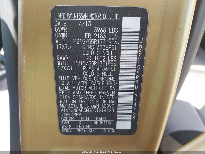 2013 Nissan Juke Sv VIN: JN8AF5MR8DT214428 Lot: 43391716