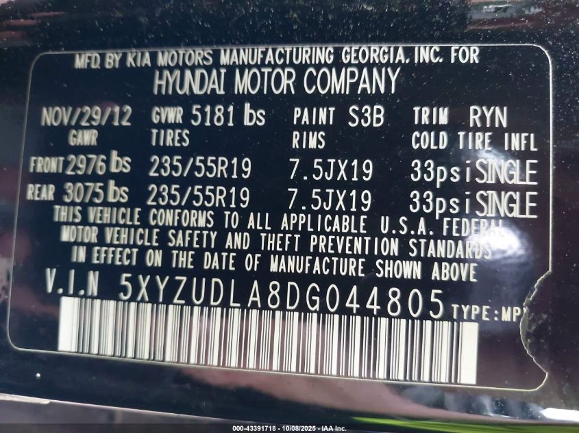 2013 Hyundai Santa Fe Sport 2.0T VIN: 5XYZUDLA8DG044805 Lot: 43391718