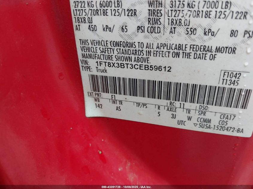 2012 Ford F-350 Xl VIN: 1FT8X3BT3CEB59612 Lot: 43391728