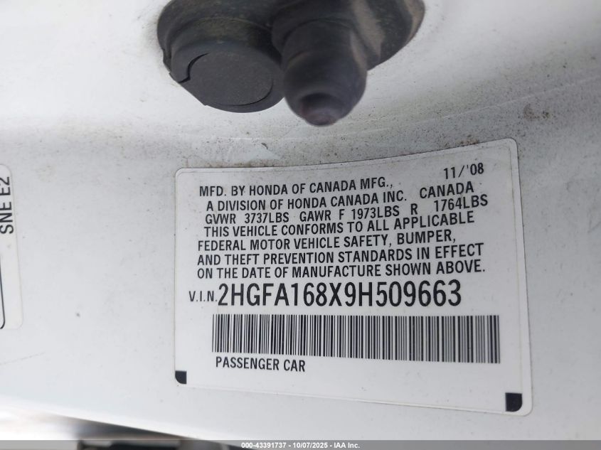 2009 Honda Civic Ex VIN: 2HGFA168X9H509663 Lot: 43391737