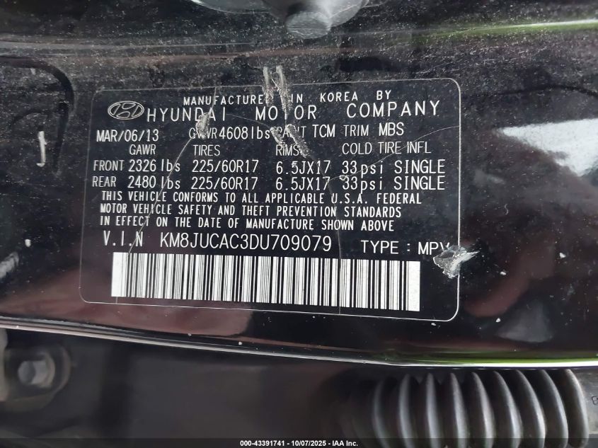 2013 Hyundai Tucson Gls VIN: KM8JUCAC3DU709079 Lot: 43391741