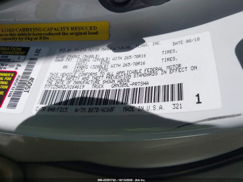 2018 Toyota Tacoma Trd Off Road VIN: 5TFCZ5AN3JX164619 Lot: 43391742