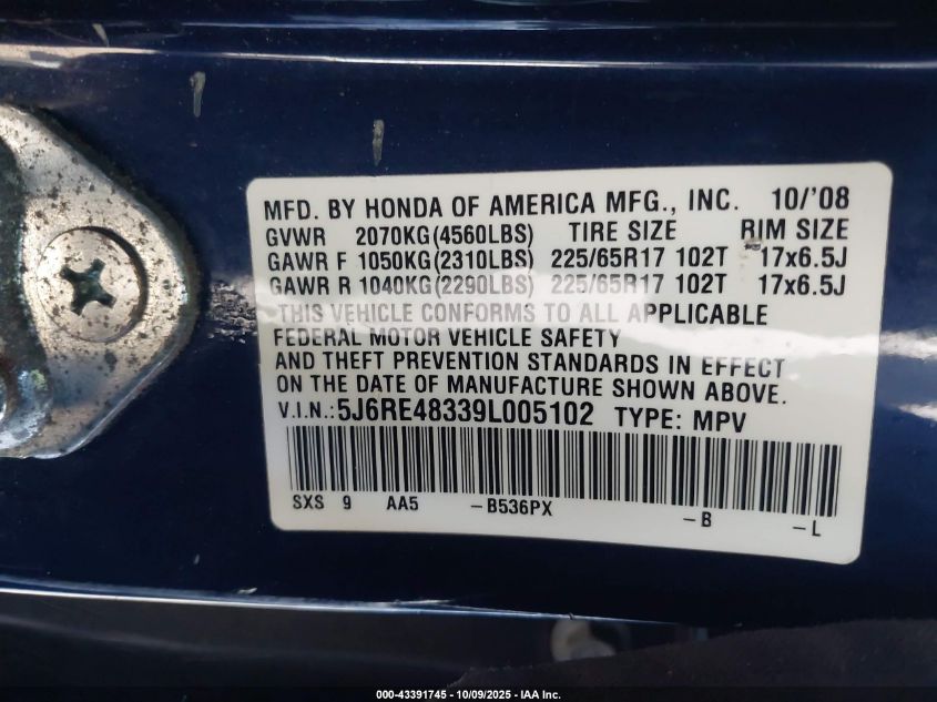 2009 Honda Cr-V Lx VIN: 5J6RE48339L005102 Lot: 43391745