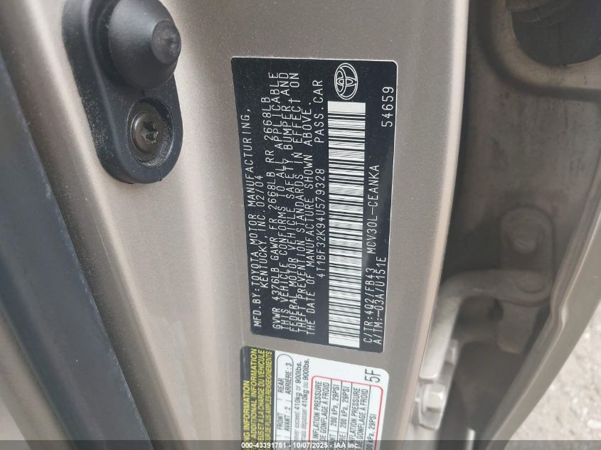 2004 Toyota Camry Le V6 VIN: 4T1BF32K94U579328 Lot: 43391751