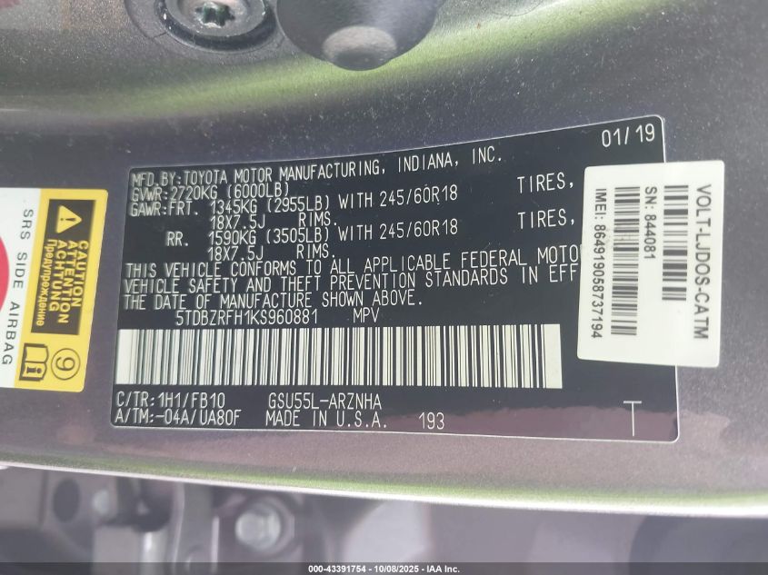 2019 Toyota Highlander Le VIN: 5TDBZRFH1KS960881 Lot: 43391754