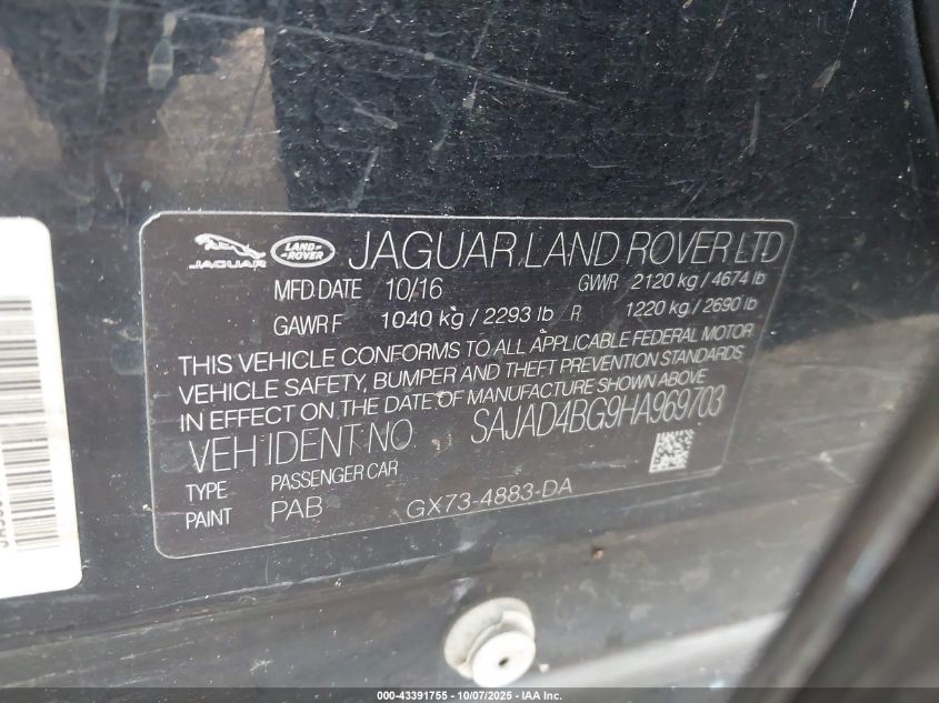 2017 Jaguar Xe 25T Premium VIN: SAJAD4BG9HA969703 Lot: 43391755