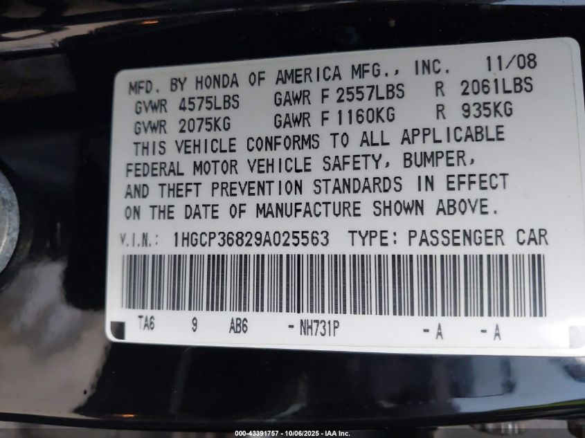 2009 Honda Accord 3.5 Ex-L VIN: 1HGCP36829A025563 Lot: 43391757