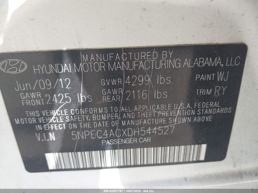 2013 Hyundai Sonata Se VIN: 5NPEC4ACXDH544527 Lot: 43391767