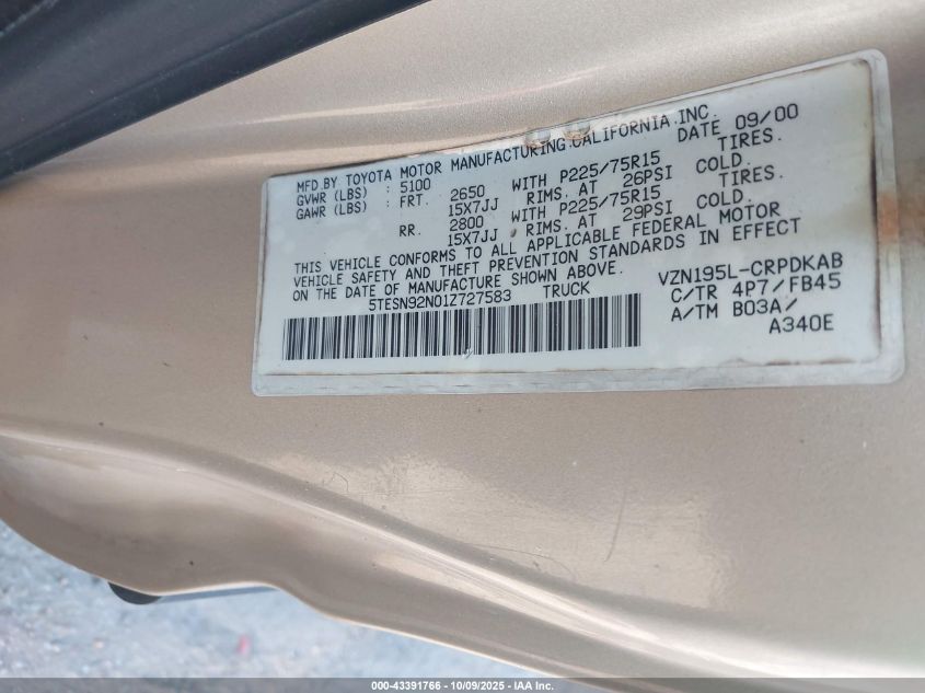 2001 Toyota Tacoma Prerunner V6 VIN: 5TESN92N01Z727583 Lot: 43391766