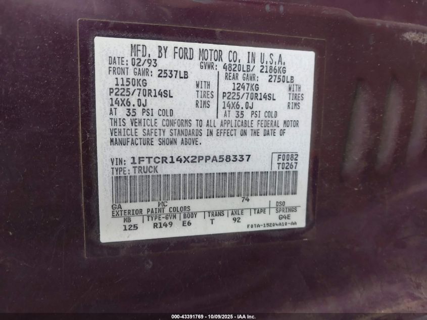 1993 Ford Ranger Super Cab VIN: 1FTCR14X2PPA58337 Lot: 43391769