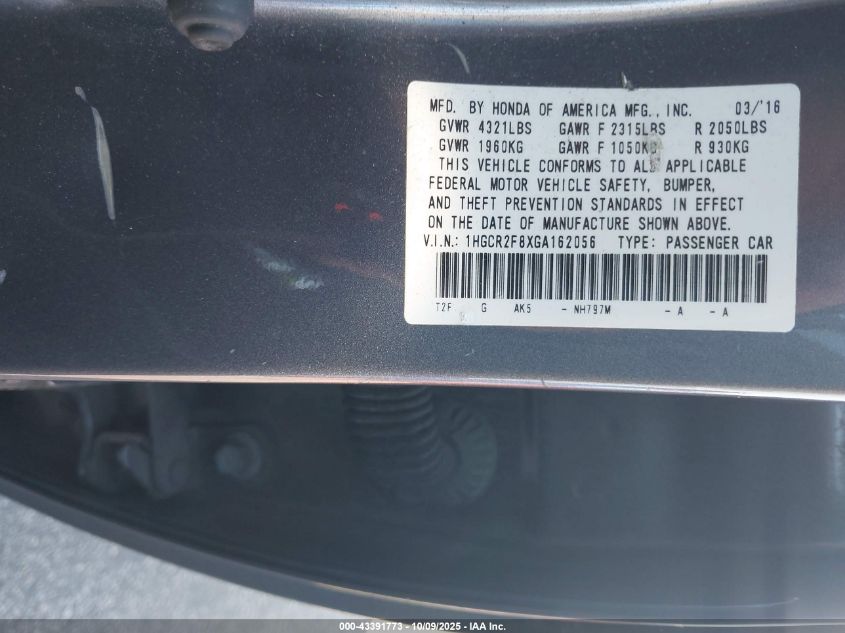 2016 Honda Accord Ex-L VIN: 1HGCR2F8XGA162056 Lot: 43391773