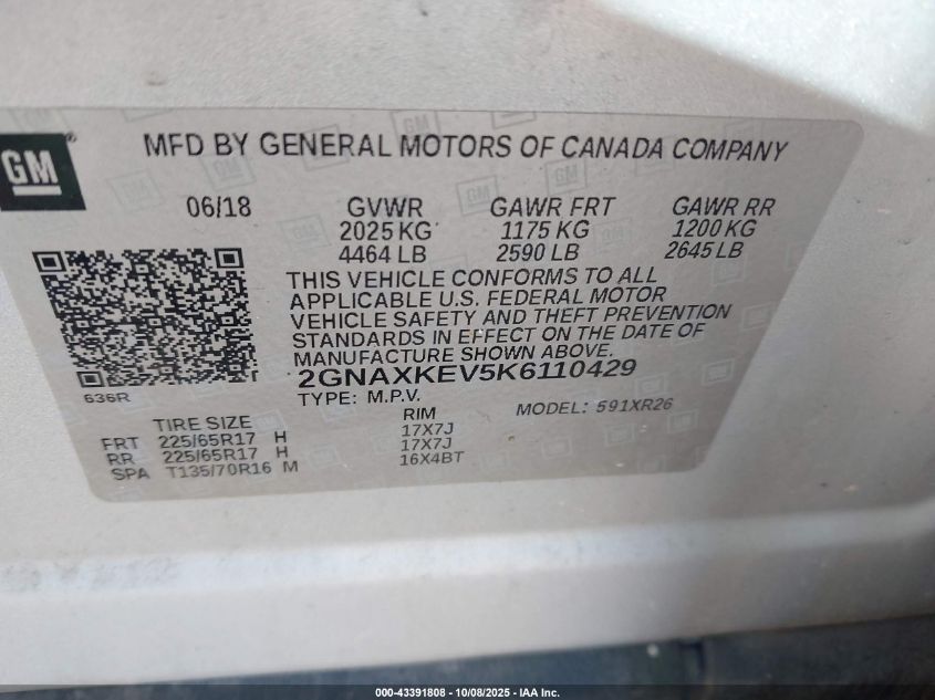 2019 Chevrolet Equinox Lt VIN: 2GNAXKEV5K6110429 Lot: 43391808