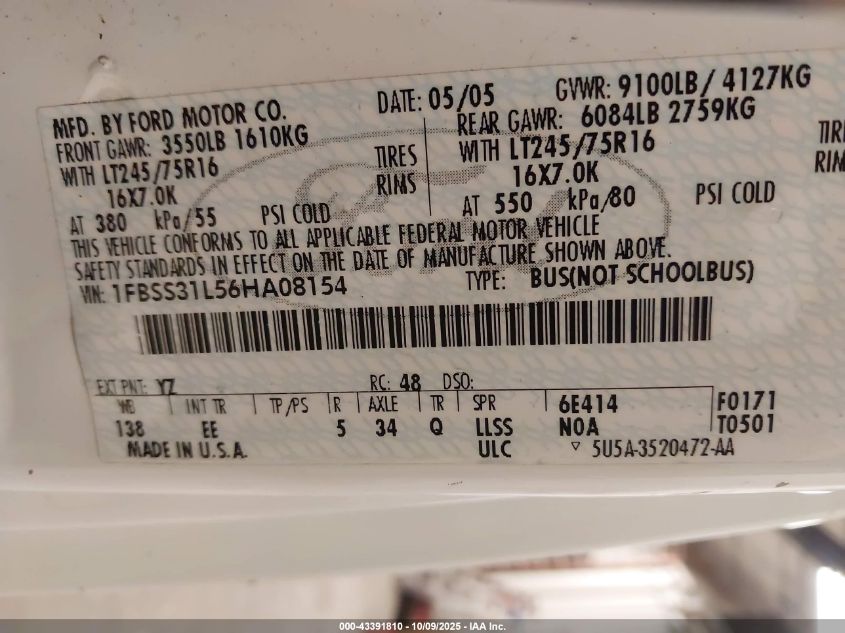2006 Ford E-350 Super Duty Xl/Xlt VIN: 1FBSS31L56HA08154 Lot: 43391810